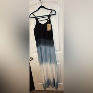 Riviera Sun Ombre Maxi Dress Black Blue White Strappy Open Back Size L NWT